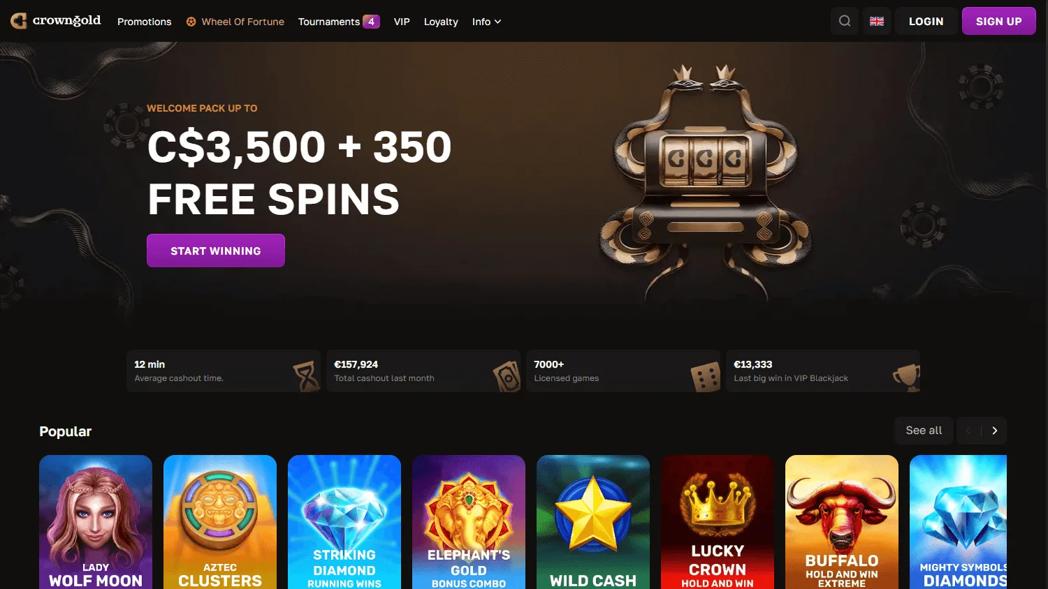 Crown Gold Casino desktop home interface