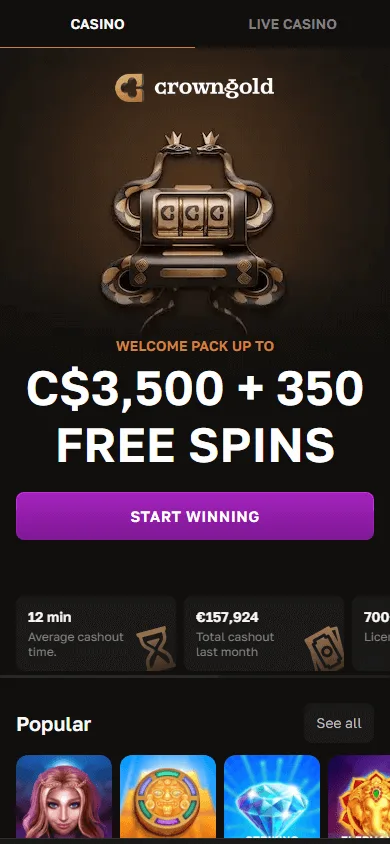 Crown Gold Casino mobile home interface