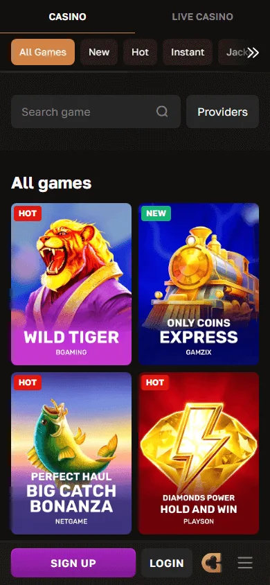 Crown Gold Casino mobile games interface